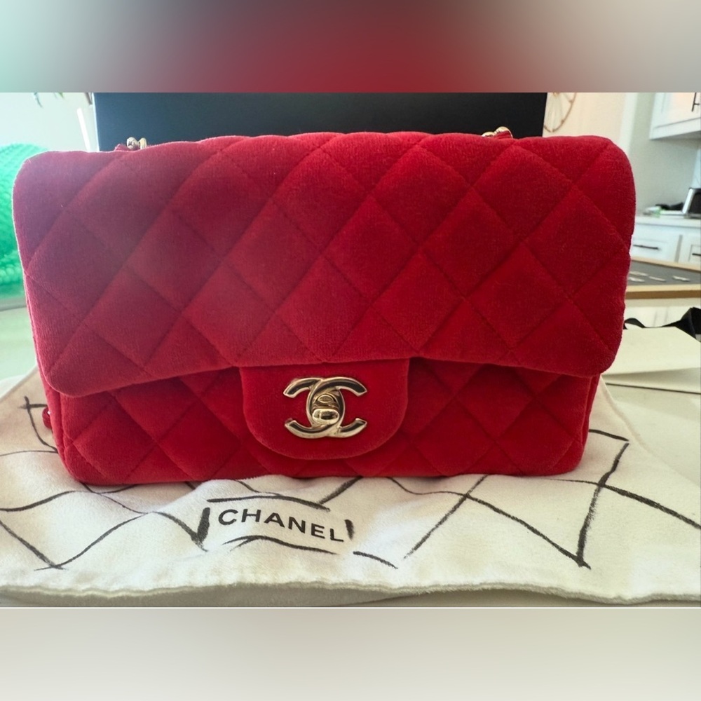 Authentic Chanel Mini Red Velvet Flap Bag